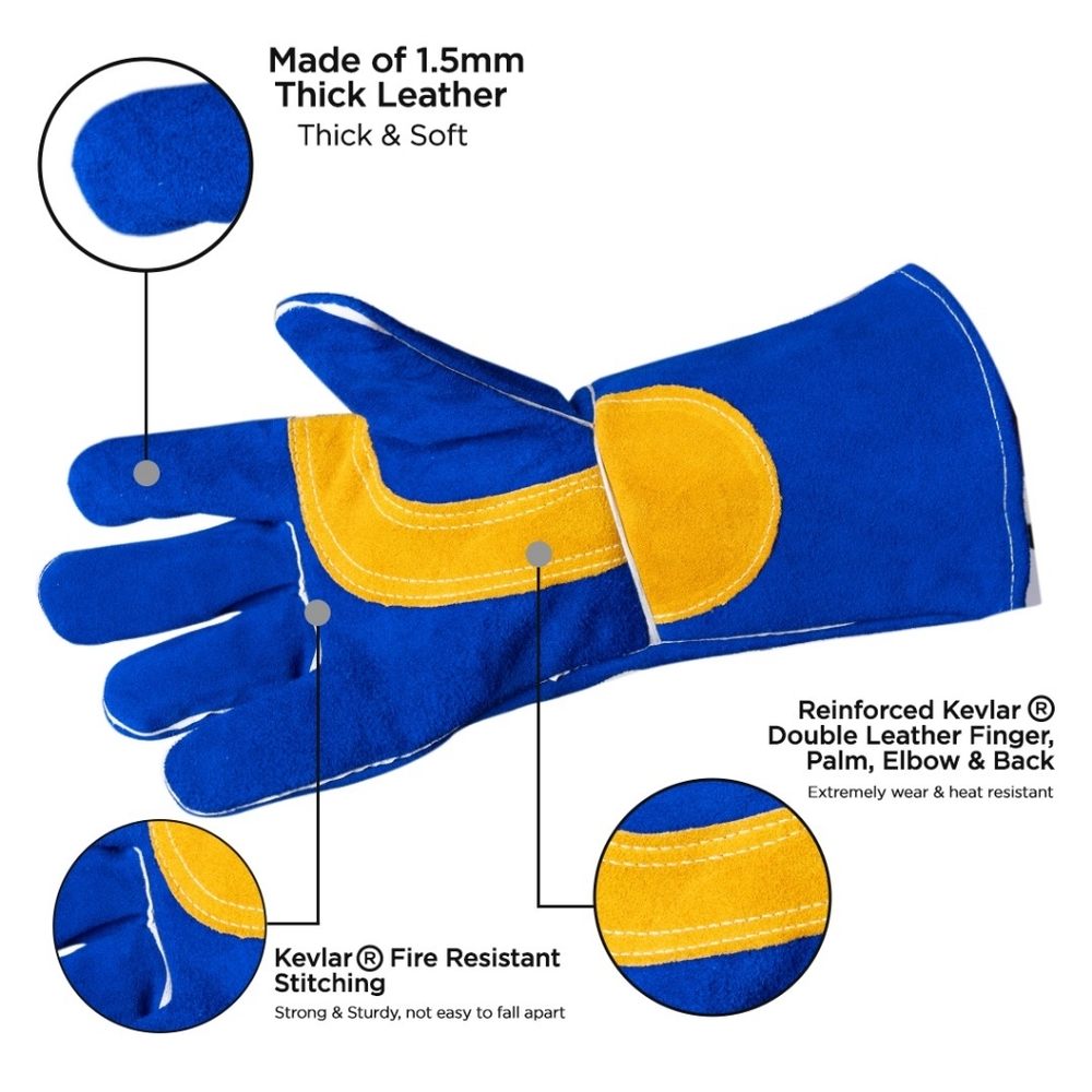 Cow Split Real Leather Welder Gloves Blue with Yellow Contrast.